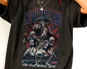 The Hunt Begins Here Skeleton Art New England Football Vintage Crewneck Shirt