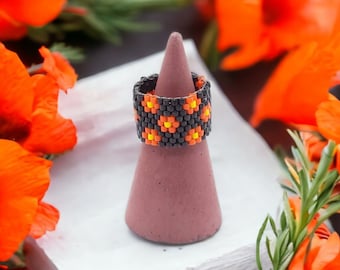 Black, Orange and Yellow Miyuki Beaded Flower Ring, Hand Woven Seed Bead Daisy Ring, Flower Lover Delica Beaded Ring