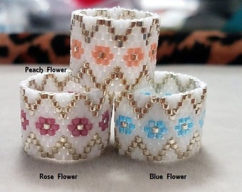 Beaded Floral Peyote Ring Patterns, Odd Count Peyote Ring Patterns, Peyote Stitch Ring Patterns, Beadwork Delica Bead Patterns