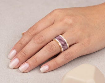 Beaded Ring Gold Mauve White | Miyuki Delica Ring Wide Peyote Band Ring | Bead Woven Geometric Ring | Handmade Minimalist Ring Gift