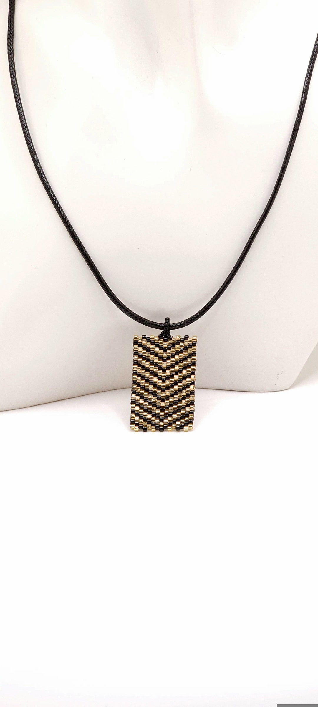 Black and Gold Beaded Chevron Pendant Necklace, Gifts Under 40 Dollars