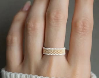 Handmade White and Beige Miyuki Seed Bead Ring - Woven Band for Women and Men