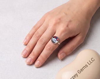 Russian Blue Cat Ring with Rose Crown – Vintage Style Adjustable Cabochon Jewelry