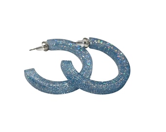 Sparkly Blue Resin Hoop Earrings, Lightweight Everyday Jewelry, Gift for Women