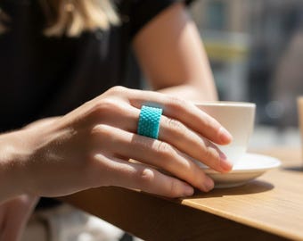 Turquoise Miyuki Seed Bead Ring, Peyote Stitch Beaded Band, Boho Minimalist Beaded Jewelry Gift