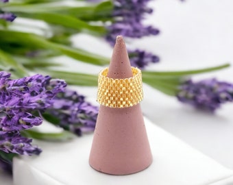 Gold Peyote Handmade Seed Bead Ring, Miyuki Ring Gift Ideas Under 30 For Women, Peyote Stitch Seed Bead Ring For Friend