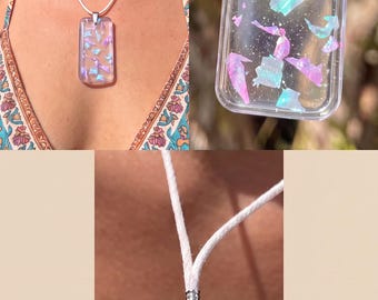Iridescent Flake Resin Pendant Necklace, Purple Aqua Shimmer Pendant Jewelry on Cord