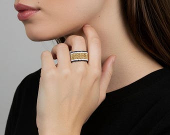Black White Gold Seed Bead Ring, Peyote Stitch Handwoven Band, Geometric Beaded Jewelry