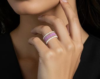 Handmade Opaque Purple Mauve Miyuki Beaded Ring: Woven Band