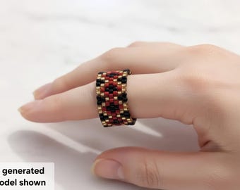 Red, Black & Gold Seed Bead Ring: Metal-Free Diamond Pattern Ring