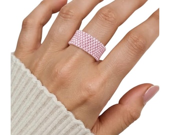 Handmade Pale Pink Miyuki Beaded Ring: Woven Band