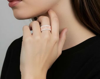Handmade White and Light Orange Miyuki Seed Bead Ring - Woven Band for Women