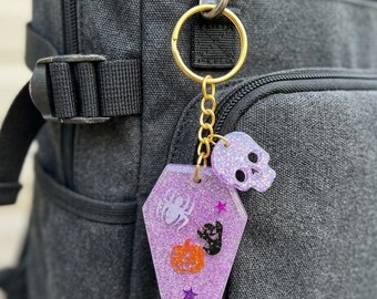 Purple Glitter Coffin Resin Keychain | Spooky Halloween Bag Charm | Pastel Goth Witchy Accessories Gift