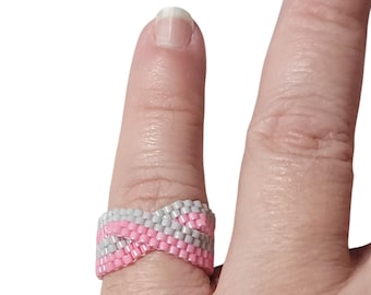Handmade Pink and Gray Stripe Bead Twisted Ring, Lightweight Minimalist Statement Jewelry