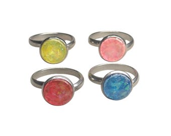 Colorful Faux Opal Round Solitaire Stacking Ring in Vibrant Blue, Pink, Yellow, and Red