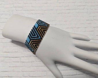Geometric Delica Bead Bracelet Pattern, Blue, Black and Gold (PDF Tutorial)