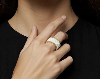 Gold and White Peyote Stitch Beaded Ring, Unique Finger Wear