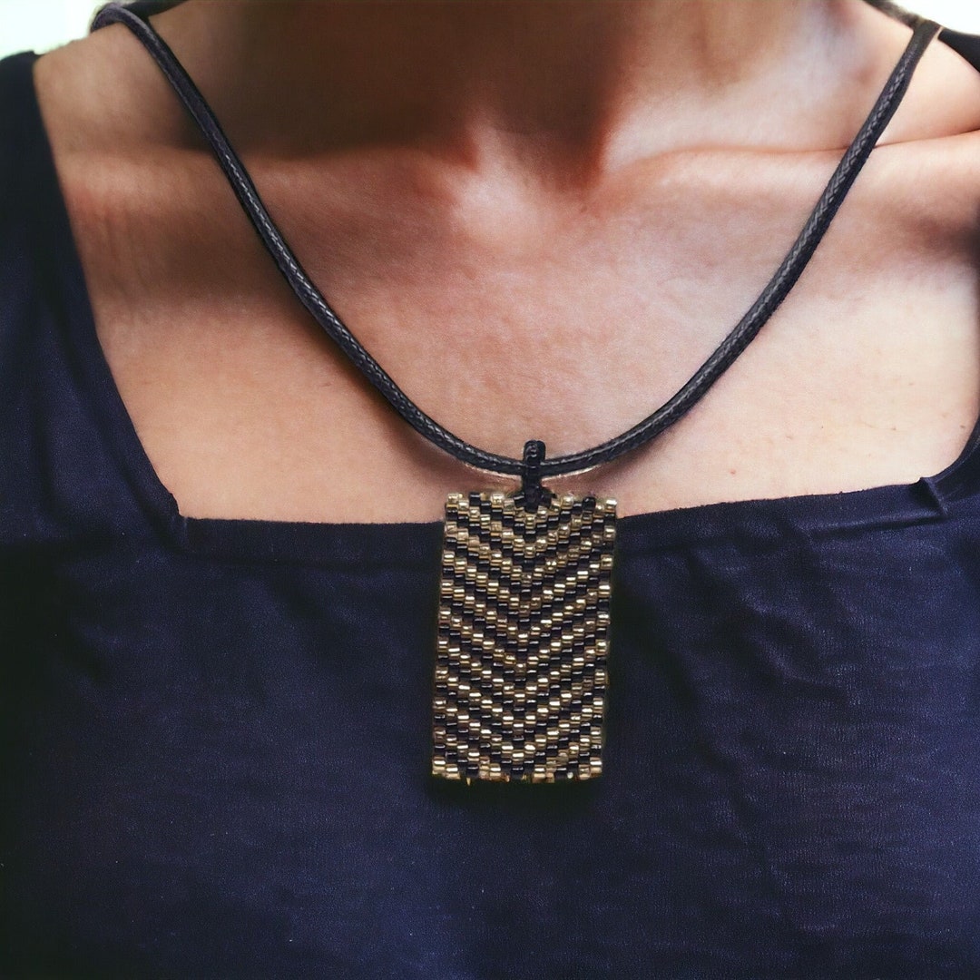 Black and Gold Beaded Chevron Pendant Necklace, Gifts Under 40 Dollars