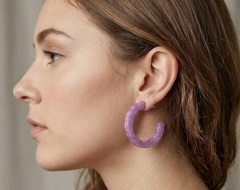 Shimmering Lavender Resin Hoop Earrings Lightweight Everyday Jewelry Gift for Women