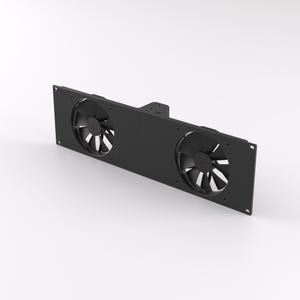 May include: A black dual fan assembly with a rectangular frame. Two circular fans are mounted on the frame, each with multiple blades. The assembly is designed for cooling purposes.