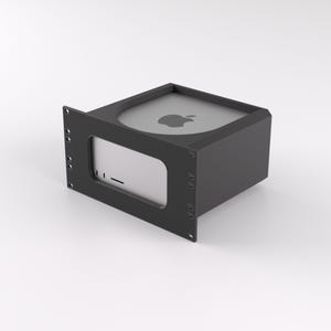 May include: A black rack mount for a computer. The computer is silver with the Apple logo on top. The rack mount has a rectangular opening for the computer's front panel and mounting holes on the sides.