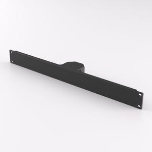 May include: Black metal bracket with a long, flat rectangular shape. The bracket has two holes on each end and a small rectangular section in the middle.