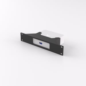 May include: A white network device with a black mounting bracket. The device has a blue LED light and a U logo on the front.