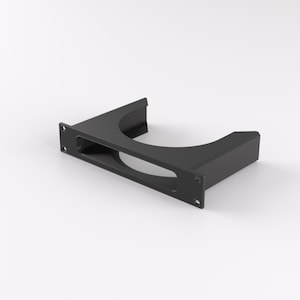 May include: Black metal bracket with a curved opening, designed to hold a pipe or other cylindrical object.