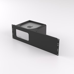 May include: A black metal rack with a silver computer mounted inside. The computer has a visible Apple logo.