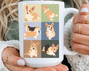 May include: White ceramic mug featuring a grid of six different cartoon corgi illustrations on a white background. The mug has a large handle and the text "15OZ SIZE" is printed on a black circle.