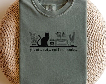 Plant Lover Shirt Comfort Colors® Cat And Plant Shirt Plant Bookshelf for Book Lover Coffee Lover Cat Lover Gardener Shirt Plant Mom Tee