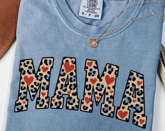 Leopard Mama Shirt with Hearts Comfort Colors Mom Gift Shirt Cute Mama Valentine Graphic Tee Trendy Leopard Print Tshirt Mothers Day Gift