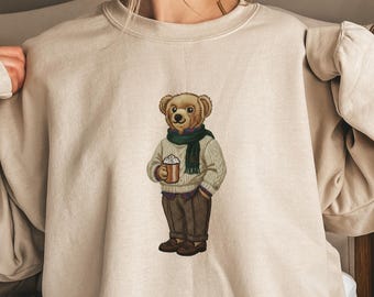 Felpa con orso preppy, regalo autunnale per gli amanti del caffè, con zucca e spezie, girocollo, maglione con orso carino, ideale per il caffè, stagione calda, regalo per outfit autunnale