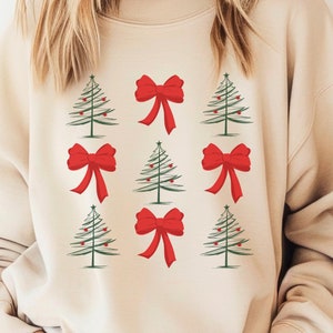 Red Bow Coquette Christmas Tree Sweatshirt Minimalist Christmas Sweater Christmas Bow Sweatshirt Girly Christmas Shirts Holiday Sweatshirt