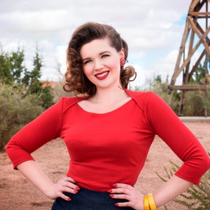 Vintage style sailor boatneck 3/4 sleeve tee in Red soft American 100% cotton jersey L only image 1