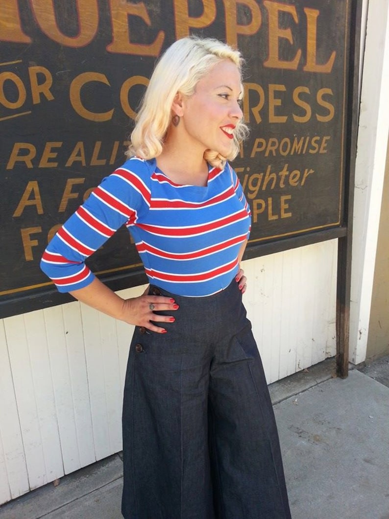 Last one Vintage style sailor boatneck 3/4 sleeve tee in Red White and Blue stripe XS only image 3