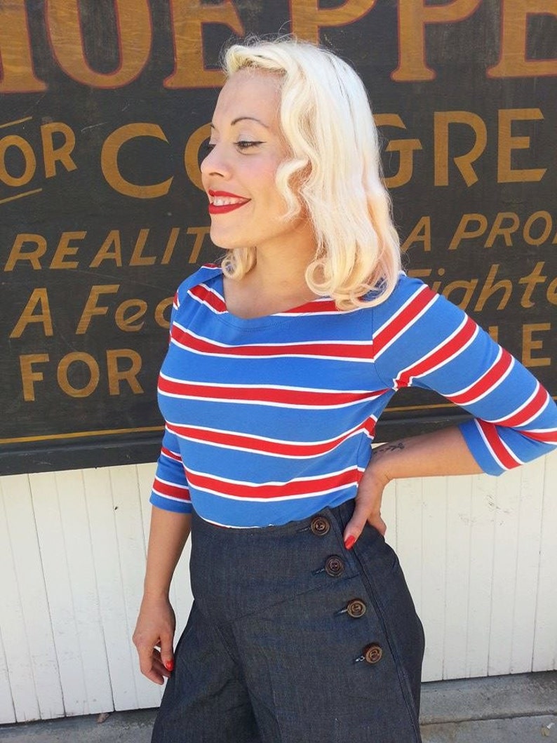 Last one Vintage style sailor boatneck 3/4 sleeve tee in Red White and Blue stripe XS only image 2