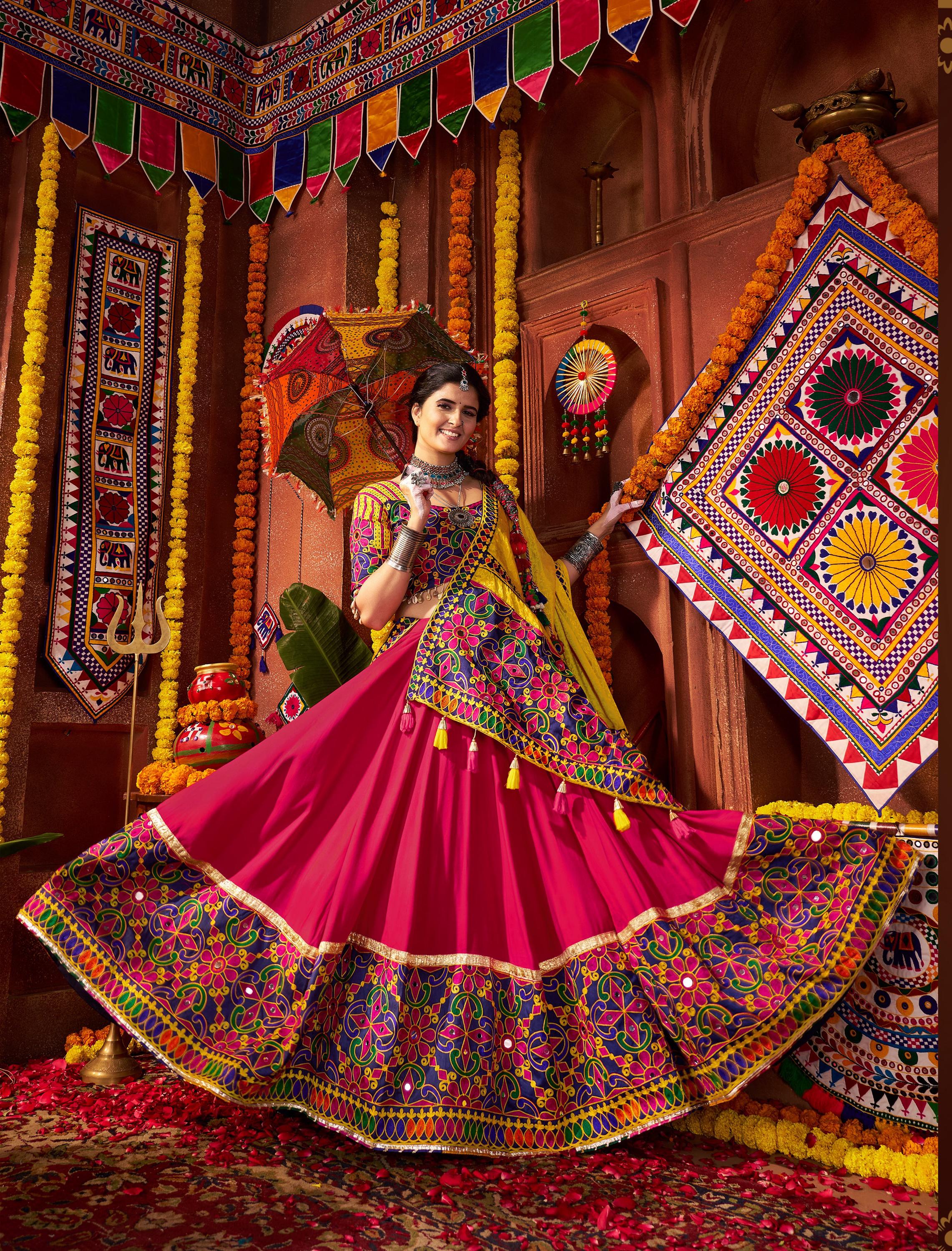 Cotton Silk Chaniya Choli, Hand Stitched Gujarati Mirror Work Ghagra, Navratri Garba Outfit