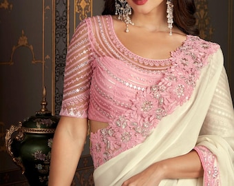 Off White Chiffon Saree with Embroidery, Party Wear Blouse Piece