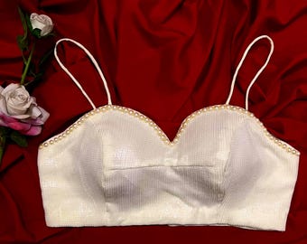 Sequin Saree Blouse, Sleeveless Crop Top with Pearl Detail