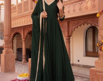 Green Anarkali Gown: Sequin Dupatta, Custom Stitched Indian Dress - Etsy