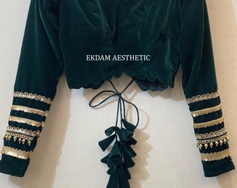 Custom Indian Velvet Choli Blouse: Green, Long Sleeve, Handwork Sari Top