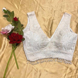 Custom Made off white V plunging neck crop top Sleeveless Indian Made To Order Cotton Chikankari Blouse chaniya saree DEE