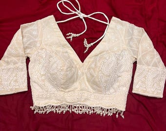 Blusa sari de algodón Chikankari hecha a mano con detalle de perlas, prenda étnica india personalizada