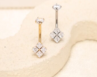 14G Four Square CZ  Navel Ring Belly Button Piercing G23 Titanium Gold Silver Gothic Dainty Body Jewelry Barbell Piercing Jewelry for Women
