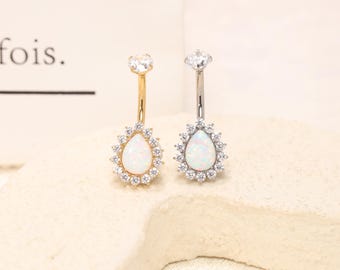 14G Pear Shaped White Opal Navel Ring Belly Button Piercing G23 Titanium Gold Silver Dainty Body Jewelry Sparkly Gemstone Belly Ring
