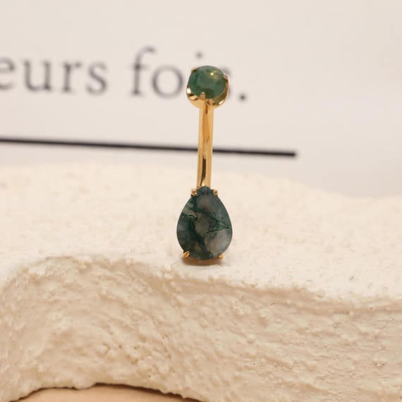 14G Moss Agate Teardrop Navel Ring Belly Button Piercing G23 Titanium Gold Silver Body Jewelry Belly Ring