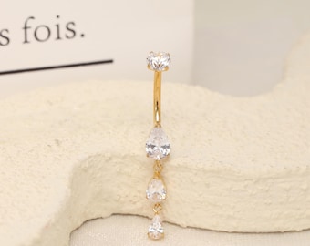 14G Three CZ Teardrop Dangle Navel Ring Belly Button Piercing G23 Titanium Gold Silver Belly Ring Crystal Charm Navel Piercing Jewelry