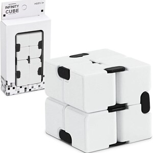 May include: A white Infinity Cube toy with black details, shown in its box. The packaging displays the words "INFINITY CUBE" and "AGES 3+". The cube is made of interconnected blocks that can be manipulated.