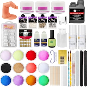May include: A nail art kit containing a range of tools and supplies, such as acrylic liquid, nail glue, nail tips, rhinestones, and glitter. The kit also features a practice hand, a glass cup, and a nail file.
